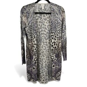 Chico's Size 0 Small Linen Blend Open Front Duster Cardigan Animal Print Paisley